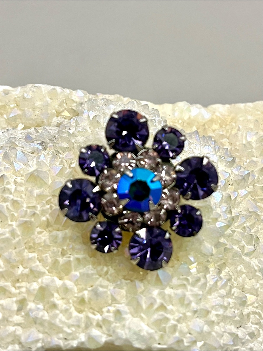 Vintage Aurora Borealis Purple Rhinestone Flower Brooch Pin | 1960s Statement